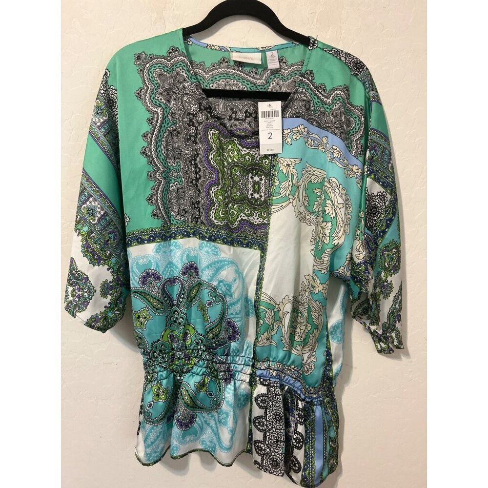 Chico's Sz 2 (US L 12) Shades of Green Silky Flowy Pullover Blouse Cinched Waist